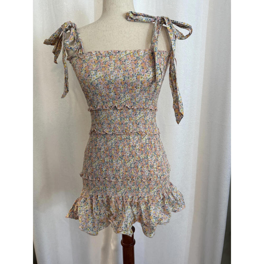 Mable Mini Dress Smocked Flowers Bow Ties Sz S Pink Green Yellow Floral